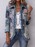Women's Vintage Floral Art Print Casual Ruffled Shirt Jacket