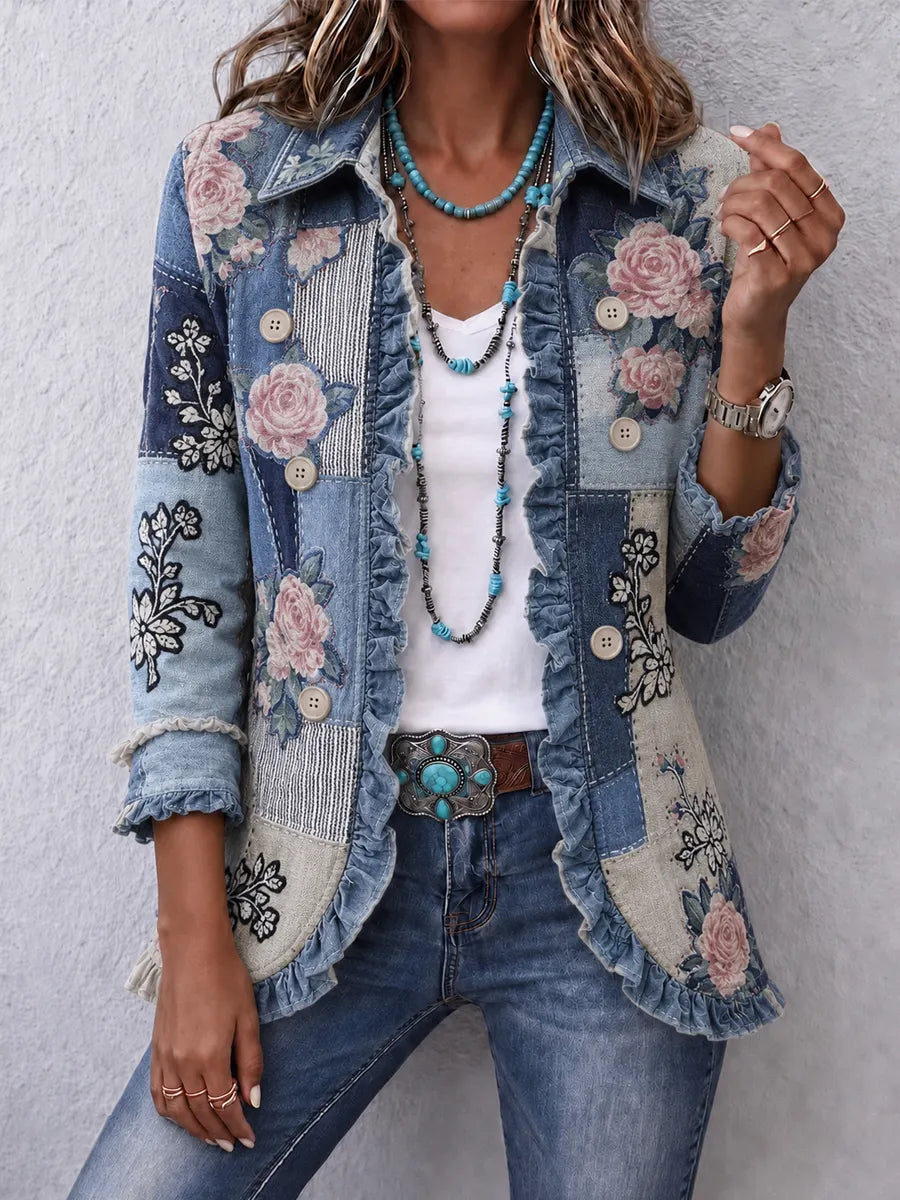 Women's Vintage Floral Art Print Casual Ruffled Shirt Jacket
