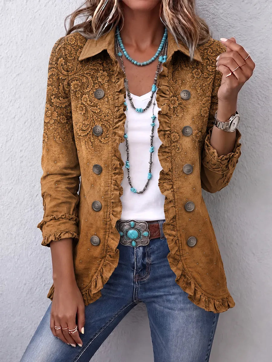 Women's Vintage Western Style Print Casual Ruffled Shirt Jacket