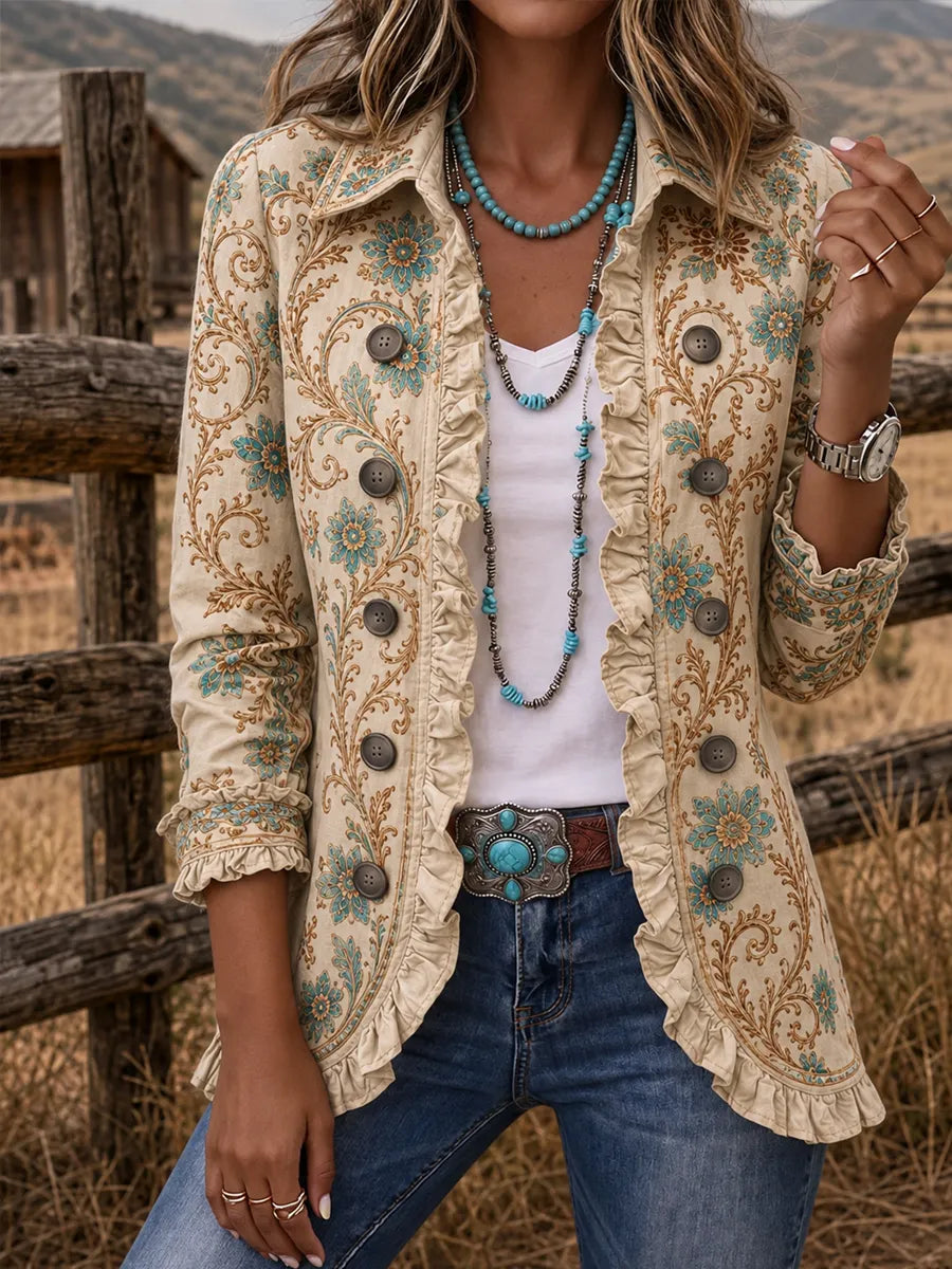 Women's Vintage Western-Style Print Casual Ruffled Shirt Jacket