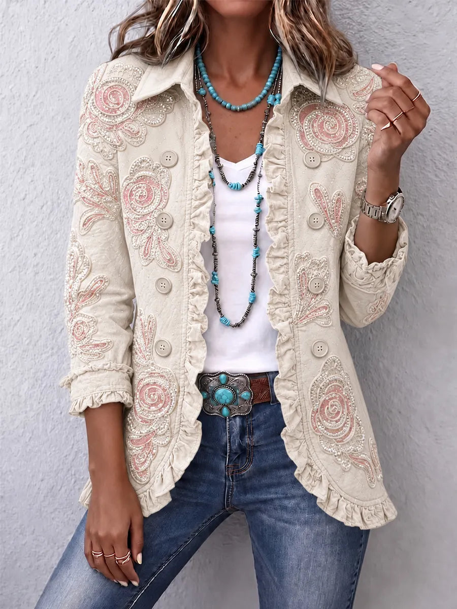 Women's Vintage Floral Art Print Casual Ruffled Shirt Jacket
