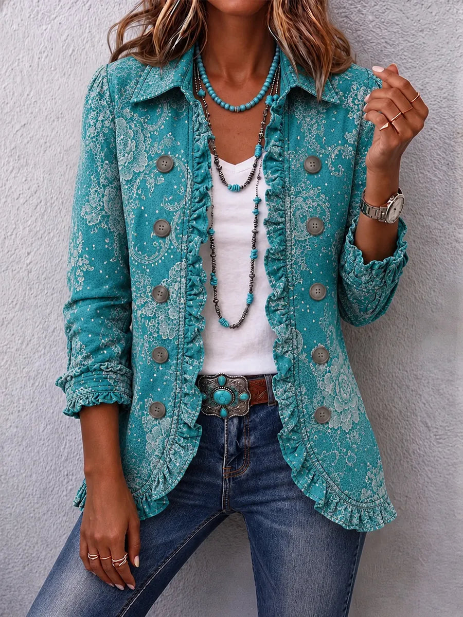 Women's Vintage Floral Print Casual Ruffled Shirt Jacket